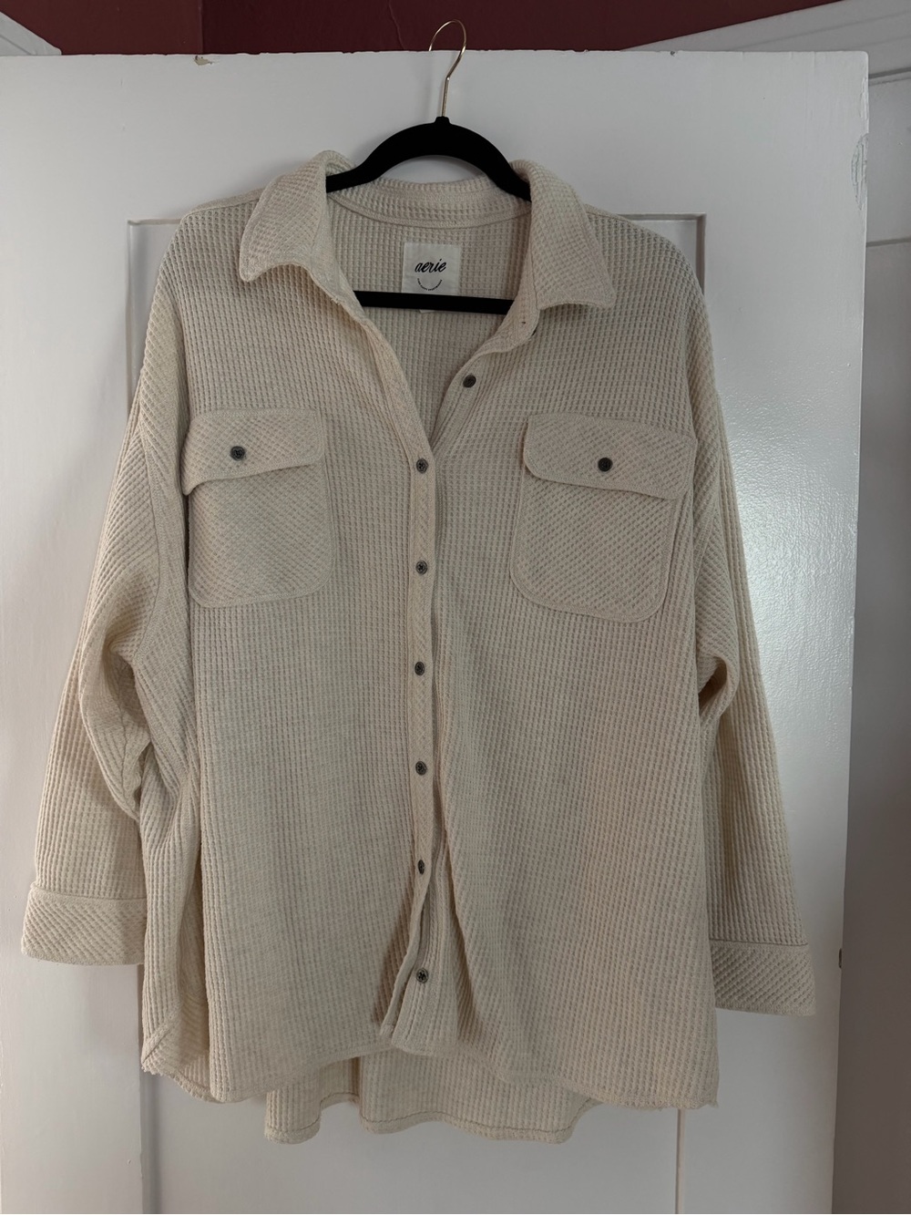 Aerie Cream Knit Long Sleeve Button Front